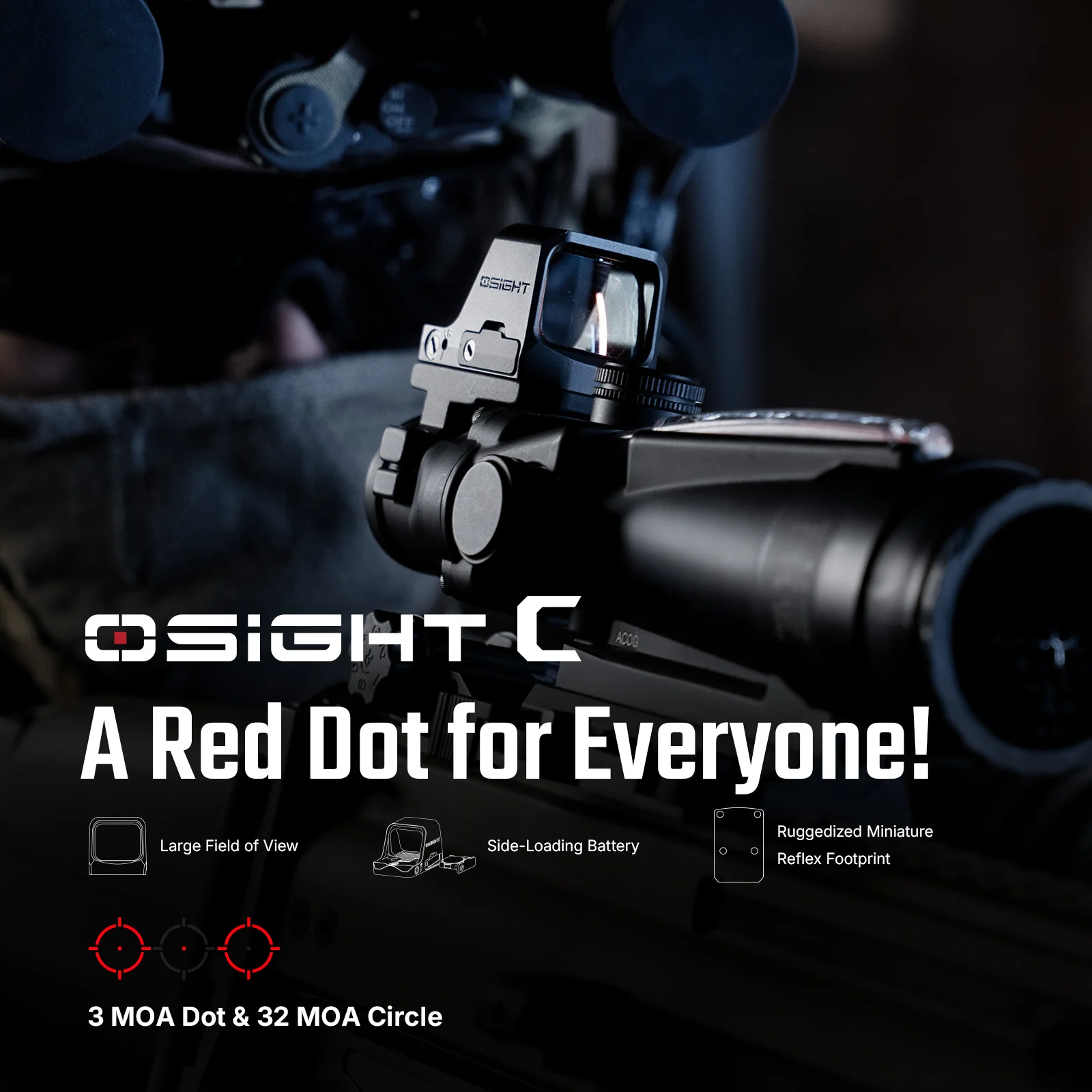 Osight C – כוונת רד־דוט 3 MOA/32 MOA עם חלון גדול וסוללה צדדית - Image 8